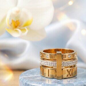 Roman Numeral 3-in-1 Spinner Ring 18K Gold Plated Stainless Steel CZ Sz 9